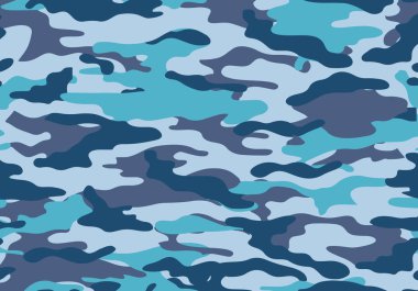 Kamuflaj desen arka plan. mavi renk stili. Yapraklar ve dallar şekiller. Askeri ordu camo arka plan. Woodland tarzı. vektör çizim.