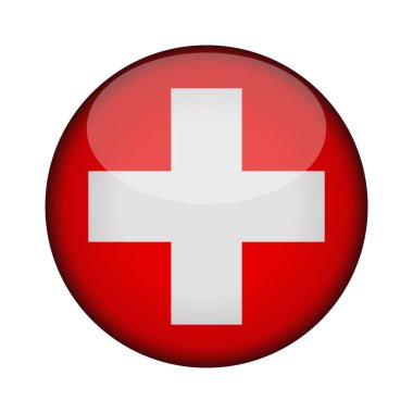 İsviçre bayrağı parlak düğme simgesinin yuvarlak. İsviçre amblemi beyaz arka plan üzerinde izole. İşareti Ulusal kavramı. Bağımsızlık günü. Vektör çizim.