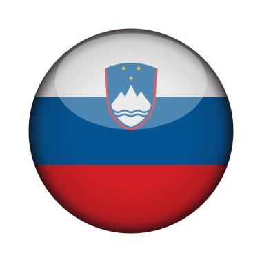 Slovenya bayrağı parlak düğme simgesinin yuvarlak. Slovenya amblemi beyaz arka plan üzerinde izole. İşareti Ulusal kavramı. Bağımsızlık günü. Vektör çizim.