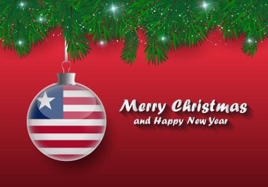 Noel ağaç dalları ve Liberya bayrağı ile top vektör sınır. Mutlu Noeller ve mutlu yeni yıl. 