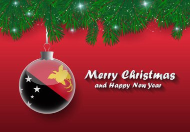 Noel ağaç dalları ve papua Yeni Gine bayrağı ile top vektör sınır. Mutlu Noeller ve mutlu yeni yıl. 