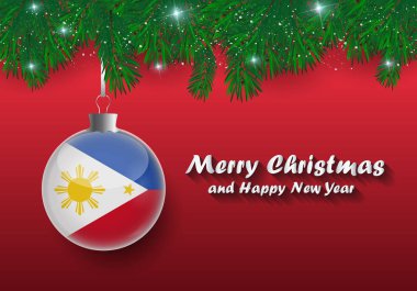 Noel ağaç dalları ve Filipinler bayrağı ile top vektör sınır. Mutlu Noeller ve mutlu yeni yıl. 