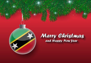 Noel ağaç dalları ve saint kitts ve nevis bayrağı ile top vektör sınır. Mutlu Noeller ve mutlu yeni yıl. 