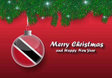 Noel ağaç dalları ve trinidad ve tobago bayrağı ile top vektör sınır. Mutlu Noeller ve mutlu yeni yıl. 