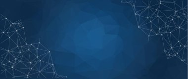 Soyut vektör uzayı koyu mavi arka plan. Düzensizce bağlı noktaları ve uzayda uçan çokgenler. Uçan enkaz. Fütüristik teknoloji tarzı. İş sunumları için zarif arka plan.