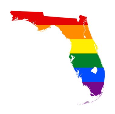 LGBT bayrak Florida haritası. Vektör gökkuşağı Haritası Florida Lgbt (Lezbiyen, gay, biseksüel ve transseksüel) gurur bayrak renkleri.