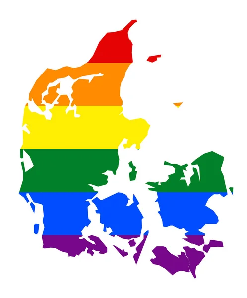 丹麦的 Lgbt 国旗地图 丹麦的矢量彩虹地图在 Lgbt 女同性恋者 男同性恋者 双性恋者和变性者 骄傲旗的颜色 — 图库矢量图片