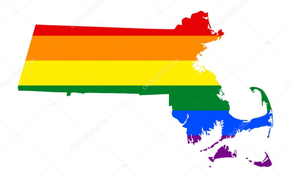 LGBT flag map of Massachusetts. Vector rainbow map of Massachusetts in colors of LGBT (lesbian, gay, bisexual, and transgender) pride flag.