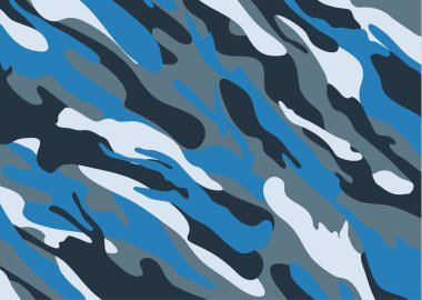 Kamuflaj desen arka plan. Yapraklar ve dallar şekiller. Mavi askeri ordu camo arka plan. Woodland tarzı. vektör çizim.