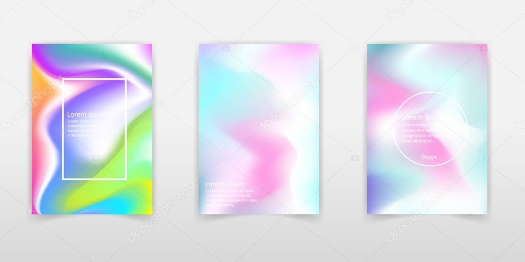 Holographic abstract background. Colorful holographic backdrop with gradient mesh. 90s, 80s retro style. Pearlescent graphic template for brochure, flyer, poster design, wallpaper, mobile screen.