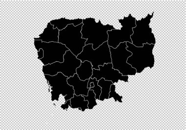 Kamboçya Haritası - yüksek Detaylı siyah ilçeler/bölgeler/sta harita