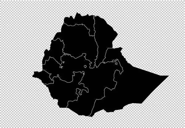 Ethiopia mapa - Mapa preto altamente detalhado com condados / regiões / sta — Vetor de Stock