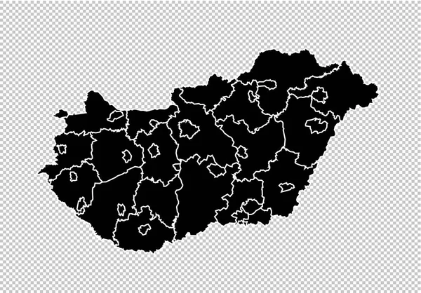 匈牙利地图-高详细的黑地图与计数区域/统计 — 图库矢量图片