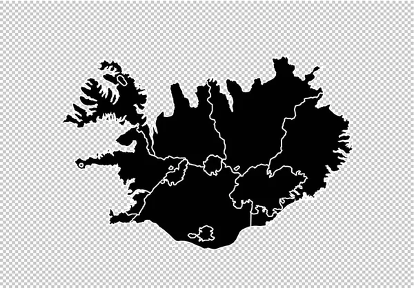 Iceland map - Mapa preto detalhado com condados / regiões / stat — Vetor de Stock