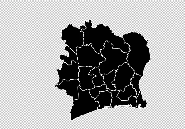 Mapa da Costa do Marfim - Mapa preto altamente detalhado com condados / regiões / — Vetor de Stock