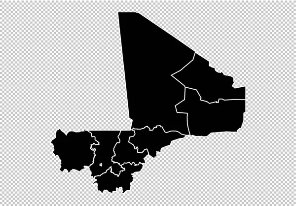 Mali-kaart - hoog gedetailleerde zwarte kaart met provincies/regio's / landen — Stockvector