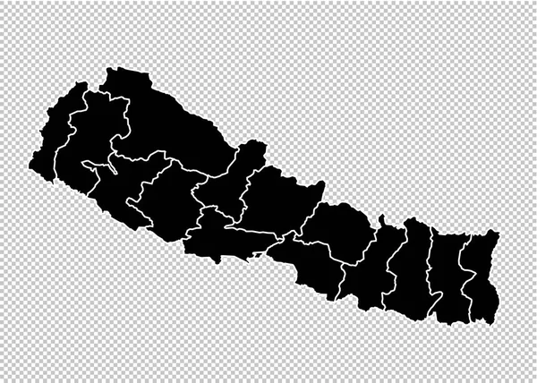 Nepal map - Carte noire détaillée avec comtés / régions / états — Image vectorielle