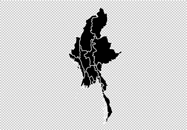 Myanmar map - Peta hitam detail tinggi dengan county / region / stat - Stok Vektor