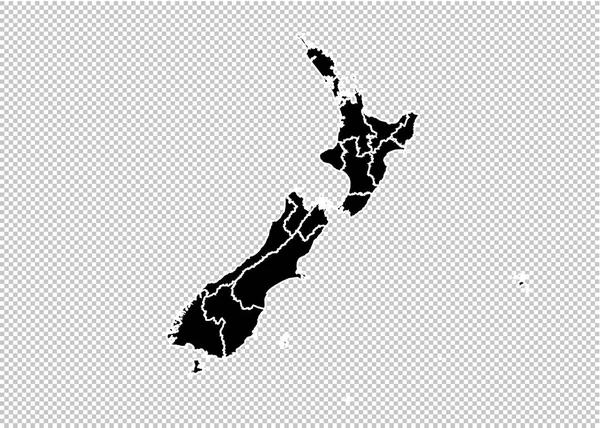 Mapa da Nova Zelândia - Mapa preto detalhado com condados / regiões / — Vetor de Stock