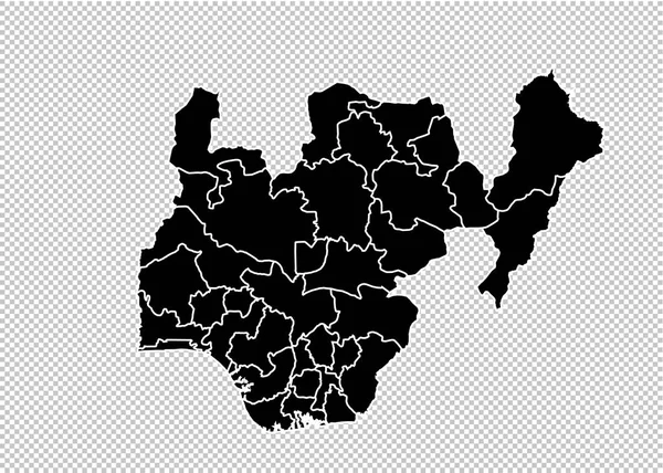 Mappa nigeria - Alta mappa nera dettagliata con contee / regioni / statistica — Vettoriale Stock