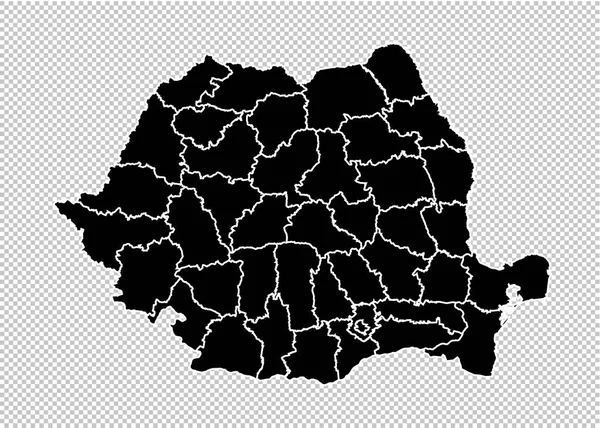 Romania map - Alta mappa nera dettagliata con contee / regioni / stato — Vettoriale Stock