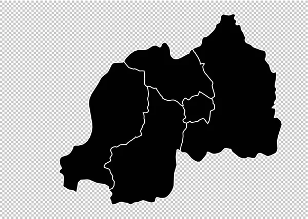 Rwanda karta - hög detaljerade svart karta med landsting/regioner/delstat — Stock vektor