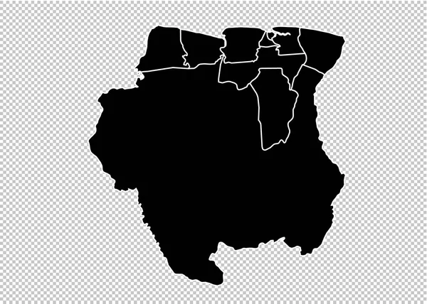 Kaart van Suriname - High gedetailleerde zwarte kaart met provincies/regio's / sta — Stockvector