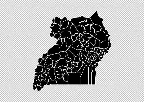 Mapa Ugandy - vysoce detailní černá mapa s okresy/regiony/státu — Stockový vektor