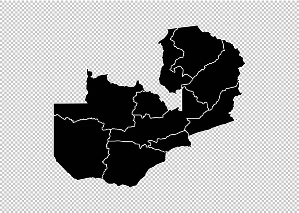 Sambia-Karte - hoch detaillierte schwarze Karte mit Landkreisen / Regionen / Staaten — Stockvektor