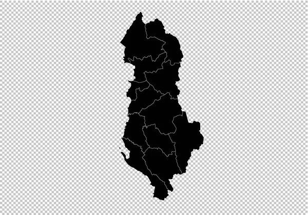 Mapa Albánie - vysoce detailní černá mapa s okresy/regiony/stat — Stockový vektor