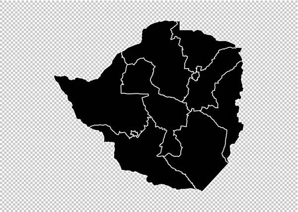 Зімбабве карта - висока деталізація Чорна карта з графствами / регіонами / станом — стоковий вектор