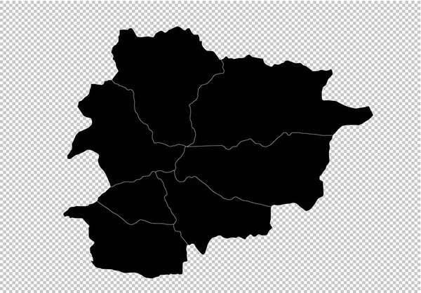 Mapa Andorra - wysokie szczegółowe czarny mapę z powiatów/regiony/stat — Wektor stockowy