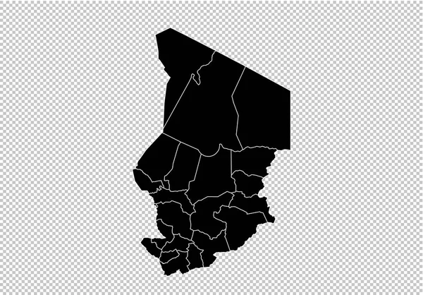 Chad mapa - vysoce detailní černá mapa s okresy/regionů/států — Stockový vektor