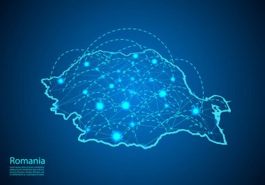 çizgilerle birbirine bağlı düğümler ile romanya haritası. küresel komün kavramı