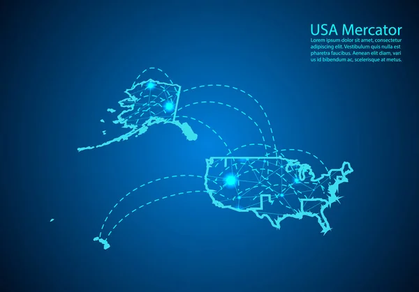 Usa Mercator mapa com nós ligados por linhas. conceito de c global —  Vetores de Stock