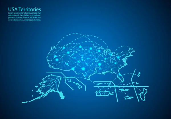 Usa Territories mapeiam com nós ligados por linhas. conceito de globa — Vetor de Stock