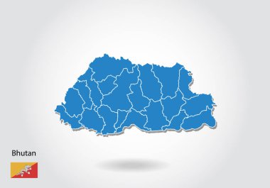 3d tarzı ile bhutan harita tasarımı. Mavi bhutan haritası ve Ulusal fl