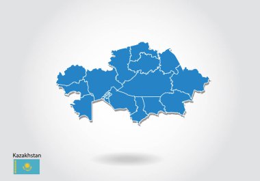 3d tarzı Kazakistan harita tasarımı. Mavi Kazakistan haritası ve Nat