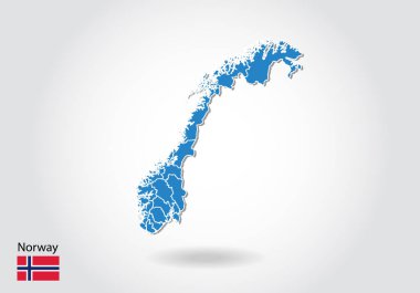 3d tarzı ile Norveç harita tasarımı. Mavi Norveç haritası ve Ulusal fl