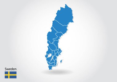 3d tarzı ile İsveç harita tasarımı. Mavi İsveç haritası ve Ulusal fl