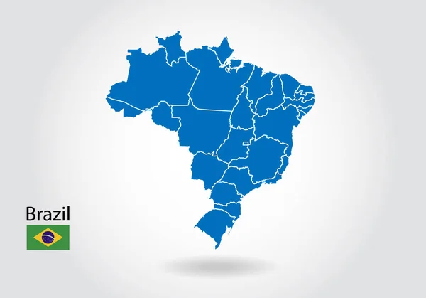 Brazilië kaart ontwerp met 3D-stijl. Blauwe Brazilië kaart en nationale FL — Stockvector