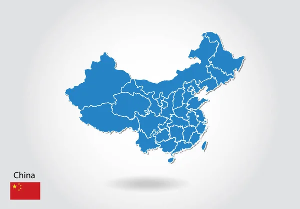 Progettazione della mappa della porcellana con stile 3D. Mappa blu della Cina e bandiera nazionale — Vettoriale Stock