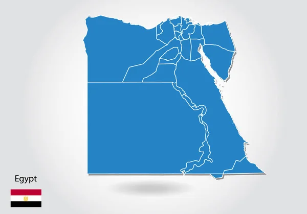 Diseño de mapa de Egipto con estilo 3D. Mapa de Egipto Azul y Bandera Nacional — Archivo Imágenes Vectoriales