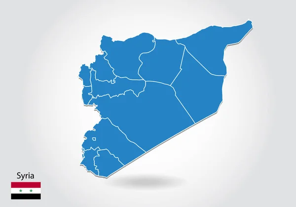 Siria mapa de diseño con estilo 3D. Mapa azul de Siria y bandera nacional — Archivo Imágenes Vectoriales