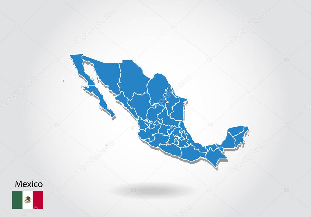 Mexico map design with 3D style. Blue Mexico map and National fl