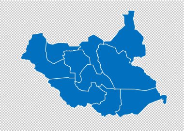 Güney Sudan Haritası-Güney Sudan ilçeler/bölgeler/Devletler ile yüksek detaylı mavi harita. Güney Sudan Haritası şeffaf arka planda izole.