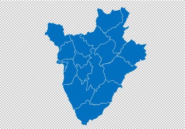 Burundi harita-ilçeler/bölgeler/Burundi Devletler ile yüksek detaylı mavi harita. Burundi harita şeffaf arka planda izole.