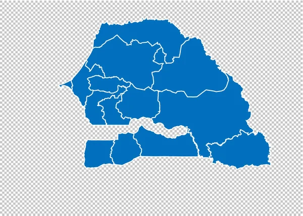 Senegal karta-hög detaljerad blå karta med län/regioner/stater i Senegal. Senegal karta isolerad på transparent bakgrund. — Stock vektor