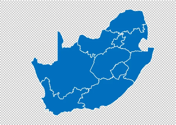 南アフリカのマップ - 南アフリカの郡/地域/州と高詳細な青のマップ。透明な背景に隔離された南アフリカの地図. — ストックベクタ