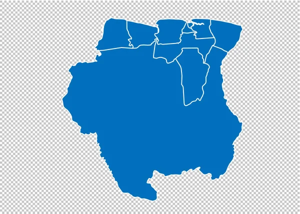Surinam Haritası-ilçeler/bölgeler/Surinam Devletleri ile yüksek detaylı mavi harita. şeffaf arka planda izole Surinam Haritası. — Stok Vektör